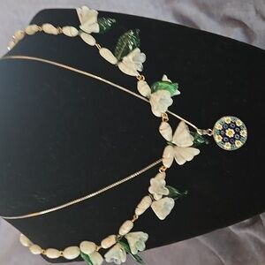 Murano Italy, glass white flowers vintage necklace & Millefiori pendant + chain